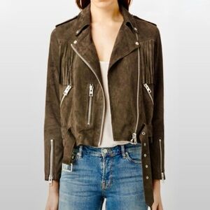 All Saints Tassel Biker Dark Brown Suede Leather Jacket